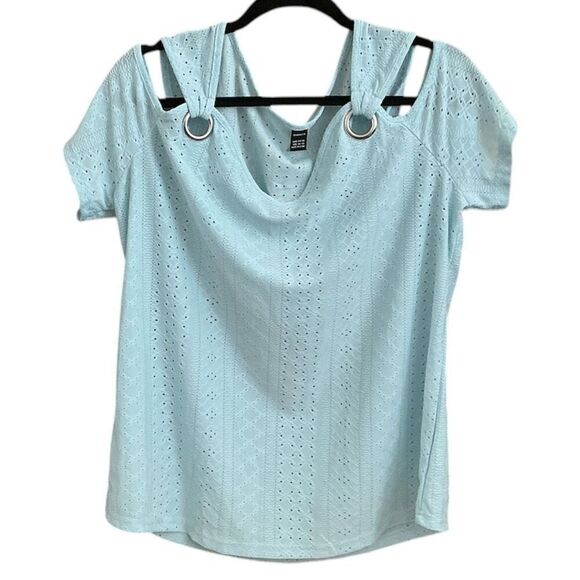 Perferated Cold Shoulder Light Blue Top Blouse with Silver Rings 14 - Picture 1 of 3